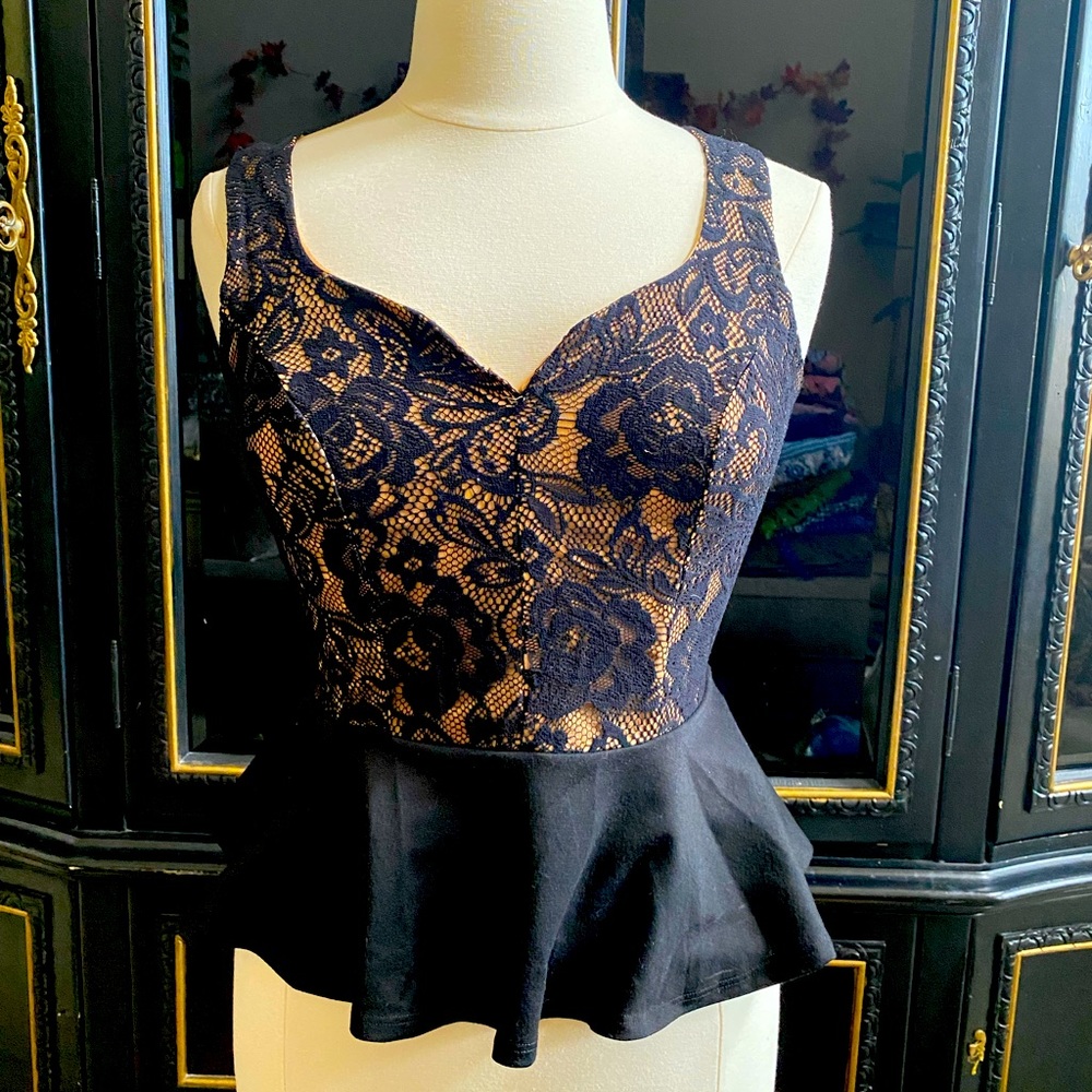 ModCloth XL Peplum Lace top Black and Tan Illusion blouse